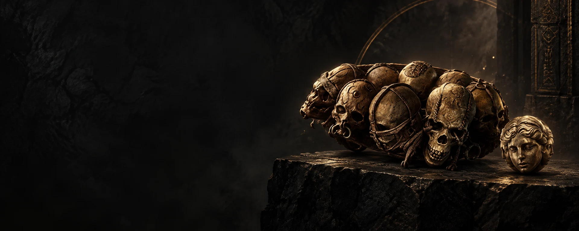 Headhunter and a Divine Orb on dark stone in warm gold light